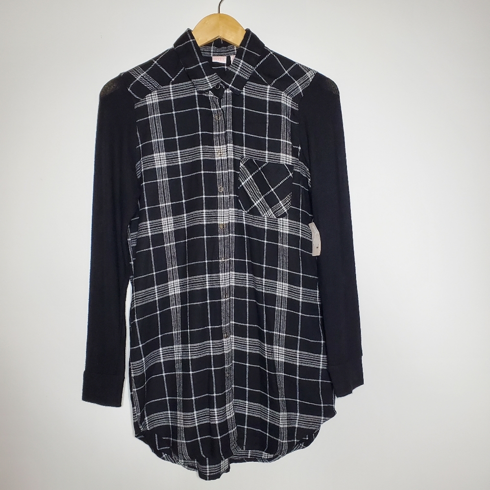 Make+Model Black plaid long sleeve Pop Over shirt Size XXS new